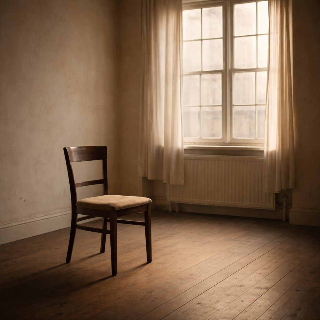 A single empty chair beside a curtained window in a bare room, soft daylight falling across the wooden floorboards.