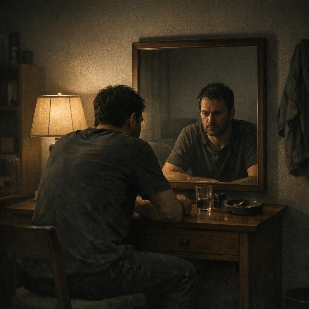 A man sits at a dressing table in a dim, lamp-lit room, studying his own reflection in the mirror, a glass and an ashtray in front of him.