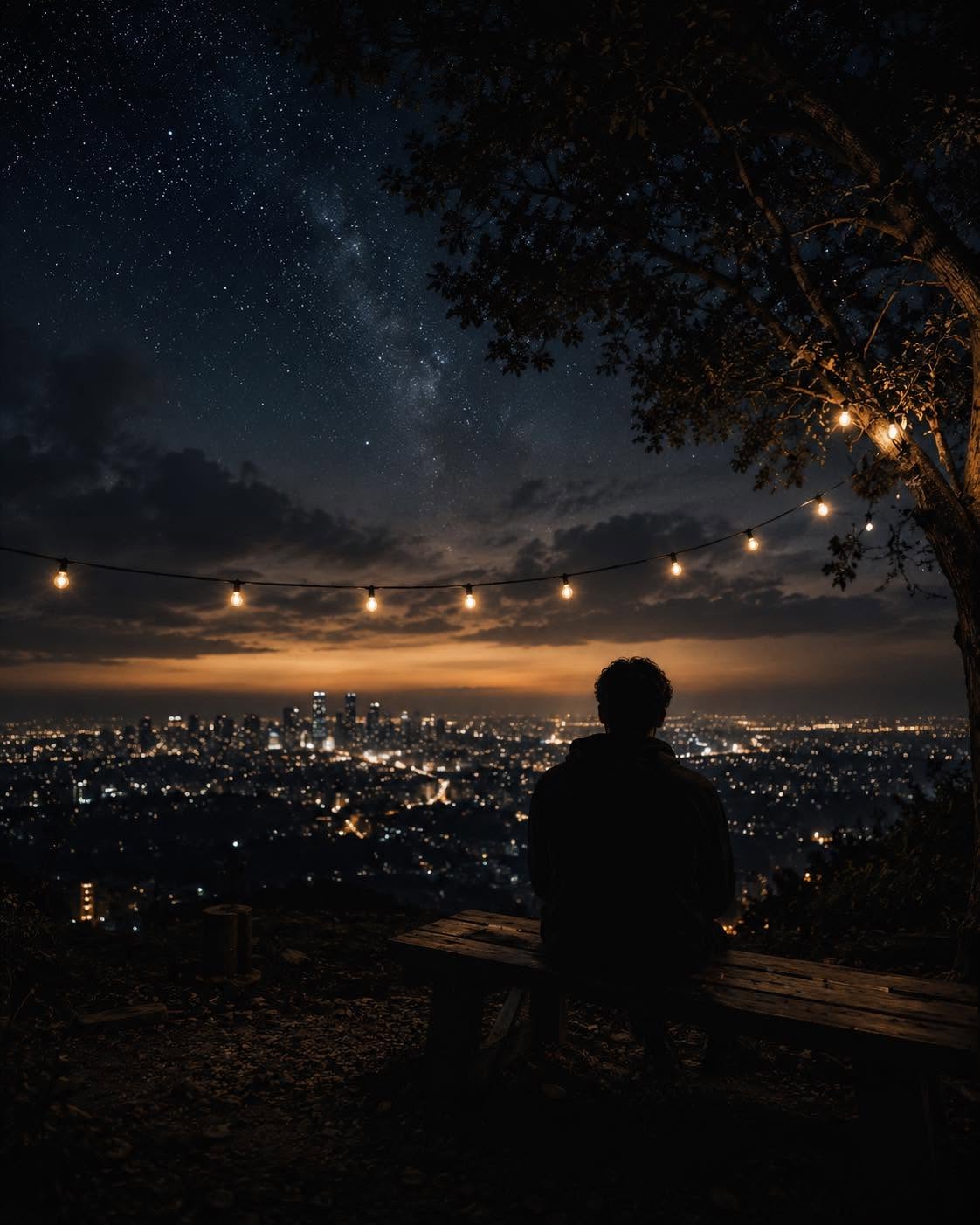 A lone figure sits on a bench at night beneath a tree strung with warm fairy lights, a city glittering below a star-filled sky.