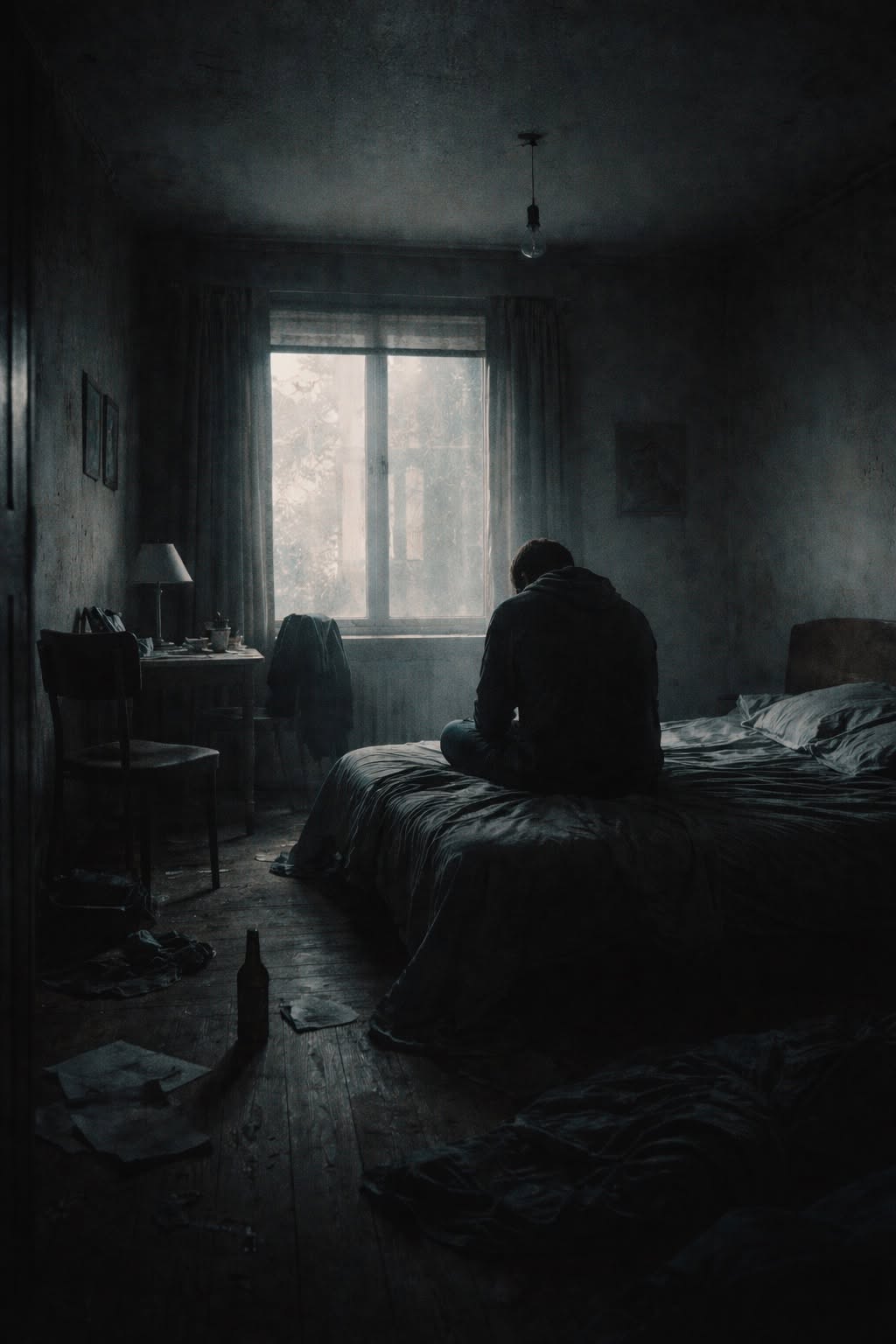 A man sits on the edge of an unmade bed in a dim, neglected room, facing a curtained window of grey daylight, an empty bottle and scattered papers on the bare floorboards.