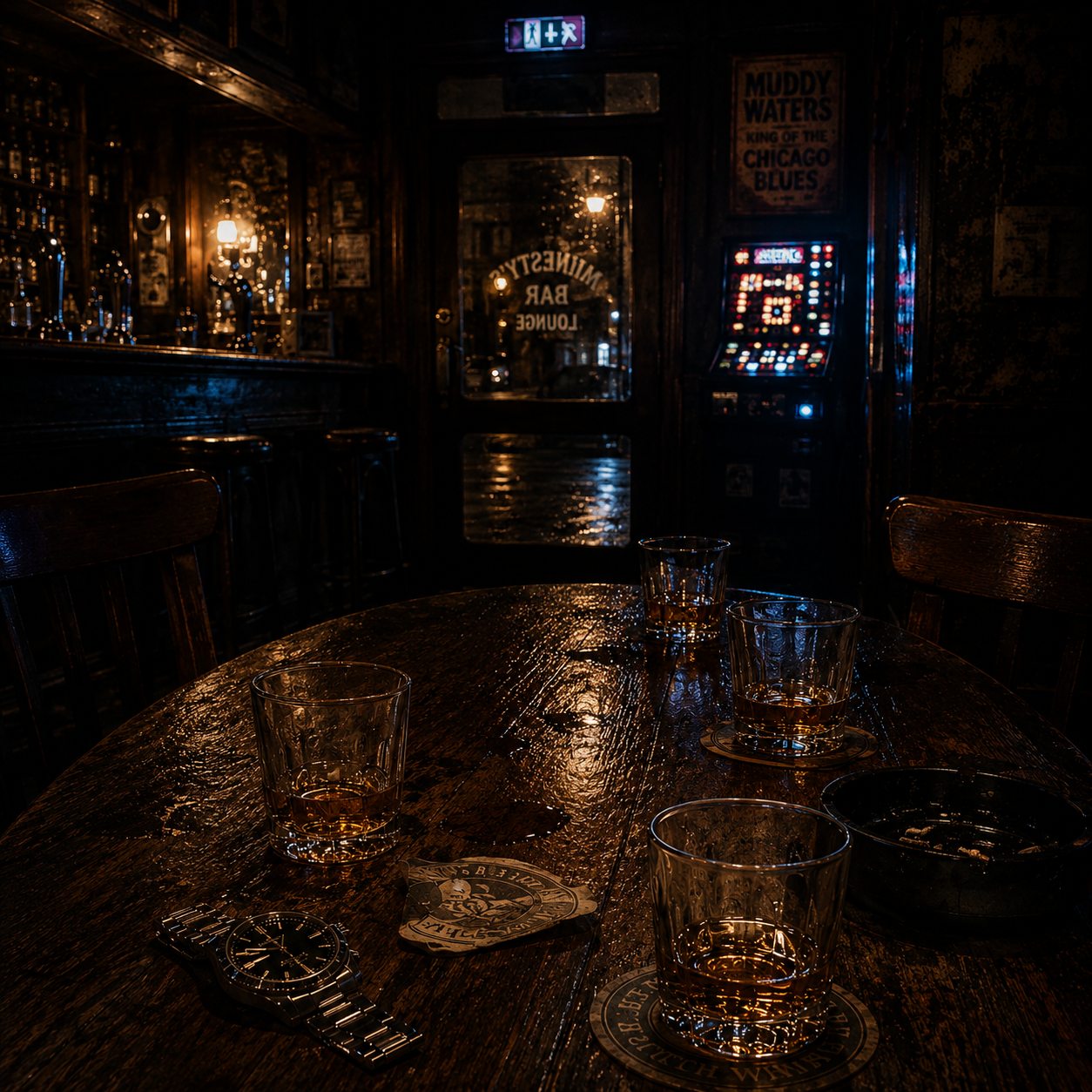 A dimly lit pub after closing time, with whisky glasses on a wooden table, a wristwatch, deep shadows, warm bar light and the blue glow of a fruit machine in the background.
