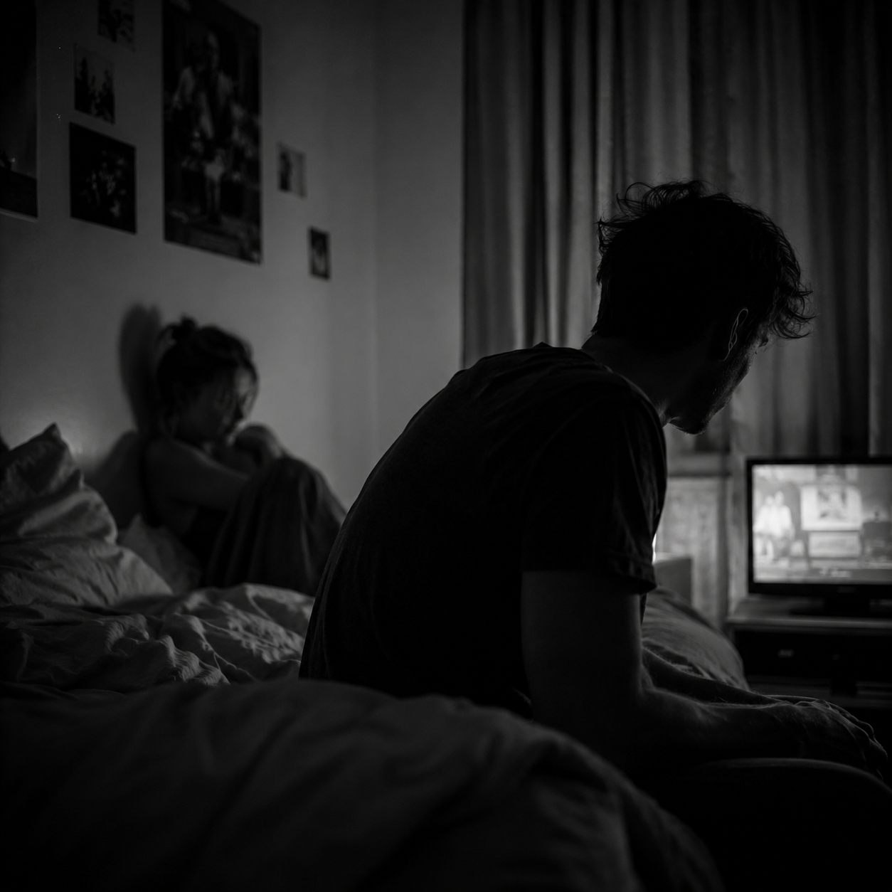 Black and white photograph of a dimly lit bedroom at night. A man sits on the edge of an unmade bed with his head lowered while a woman sits further back against the wall beneath a duvet, turned away from him. A television flickers softly in the corner, casting pale light across the room.
