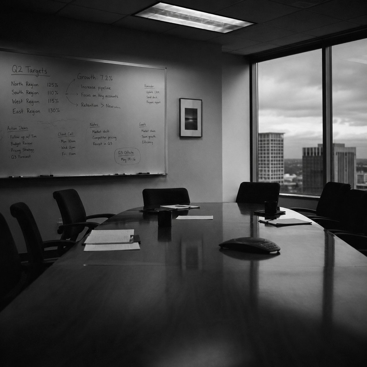 Black and white photograph of an empty corporate meeting room on a grey Monday morning. Fluorescent office lights reflect across a polished conference table surrounded by vacant chairs. A whiteboard covered with sales targets and half-erased notes stands at one end of the room. Through rain-streaked windows, anonymous office buildings sit beneath an overcast sky.