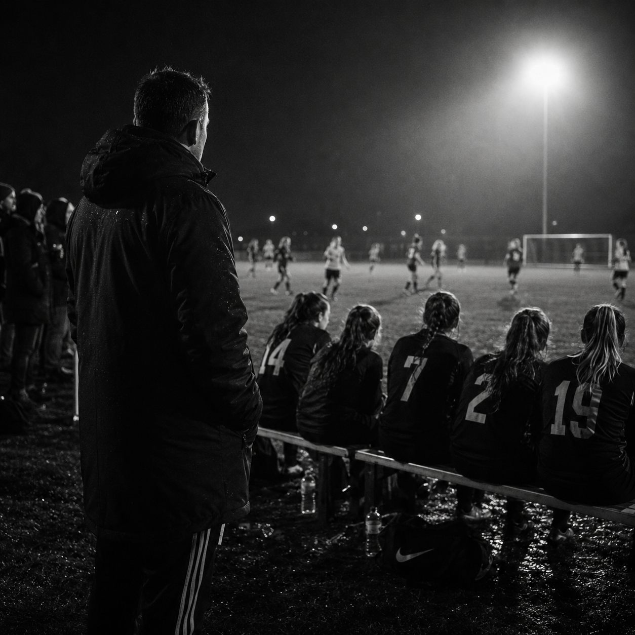 A youth football coach in a dark coat stands on the touchline at night, hands in his pockets, watching a girls' match under bright floodlights while substitutes in numbered shirts sit on a bench beside him.