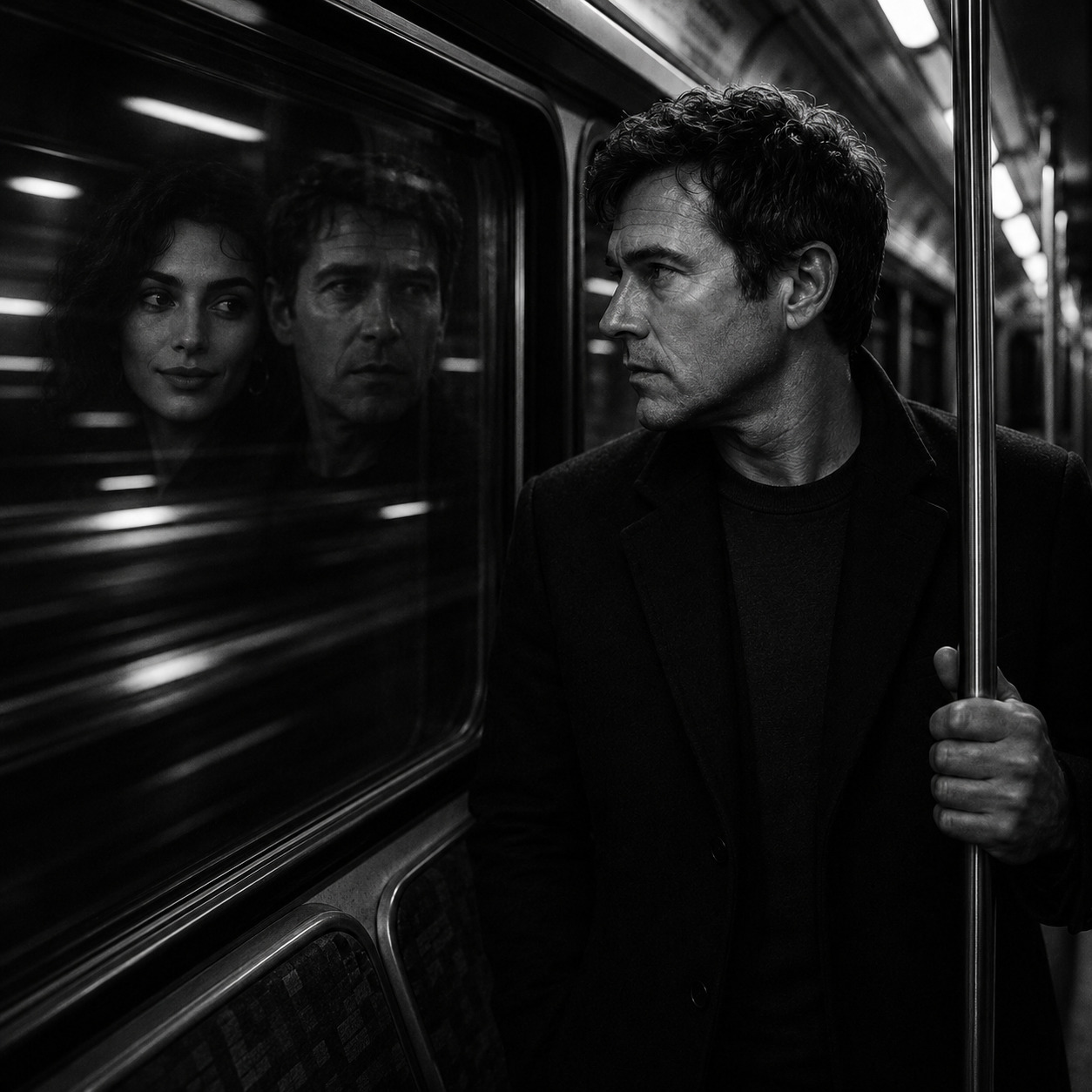 Black-and-white image of a middle-aged man standing inside an almost empty Underground carriage at night, holding a metal pole and looking toward the window. In the glass, his reflection appears beside the faint reflected face of a dark-haired woman with a subtle smile. Blurred tunnel lights streak across the window, creating a quiet, cinematic mood of memory, regret, and self-confrontation.
